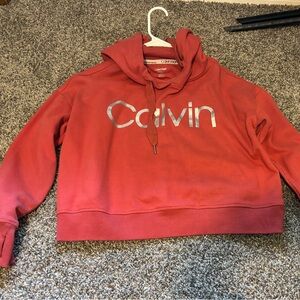 Calvin Klein Pink Crop Hoodie with Silver Logo